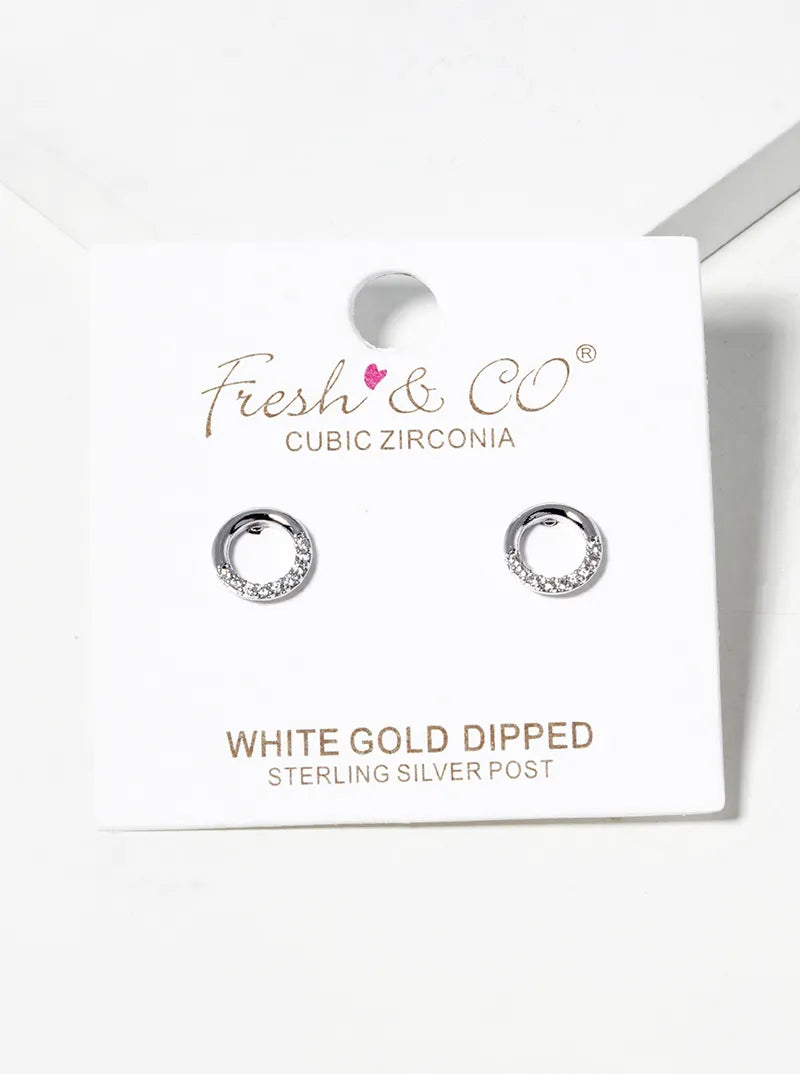 White Gold Dipped CZ Pave Delicate Circle Post Stud Earrings