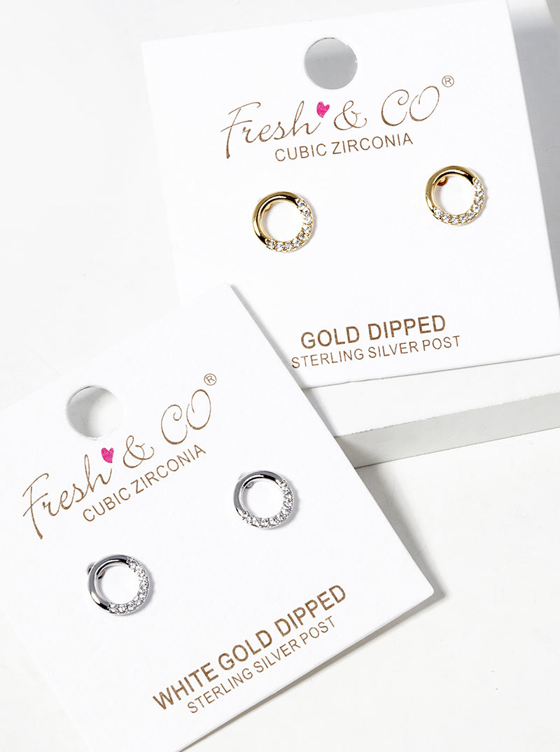 White Gold Dipped CZ Pave Delicate Circle Post Stud Earrings
