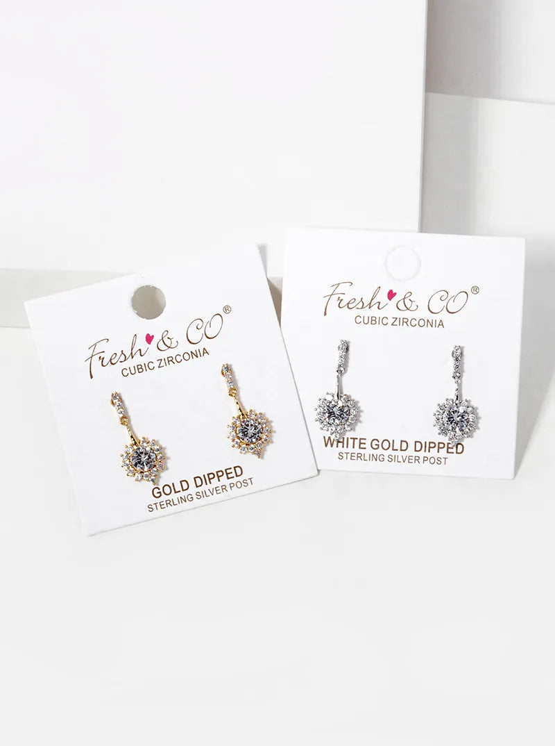 White Gold Dipped CZ Pave Delicate Dangle Post Earrings