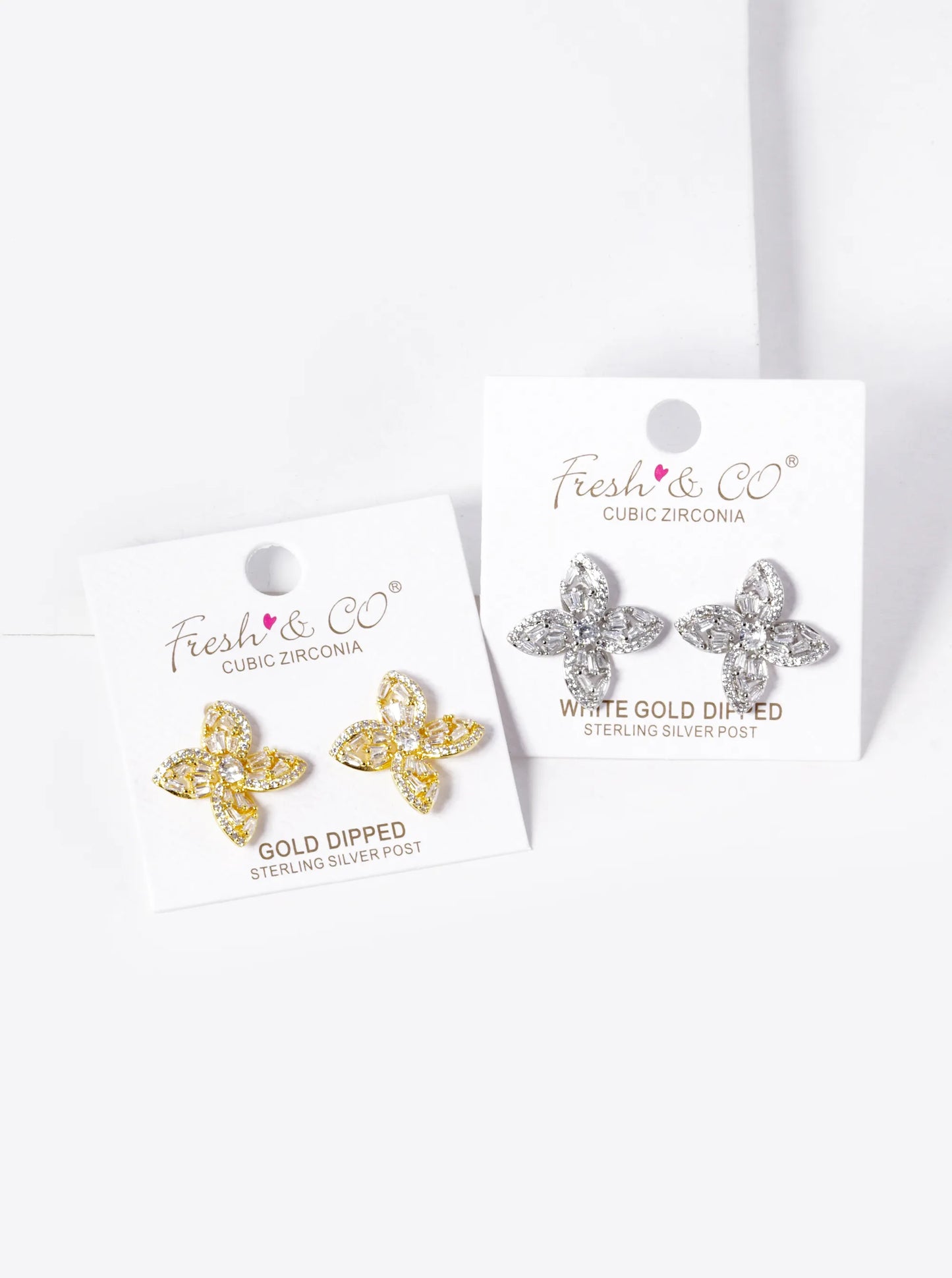 White Gold Dipped CZ Pave Designer Inspired Flower Stud Earrings