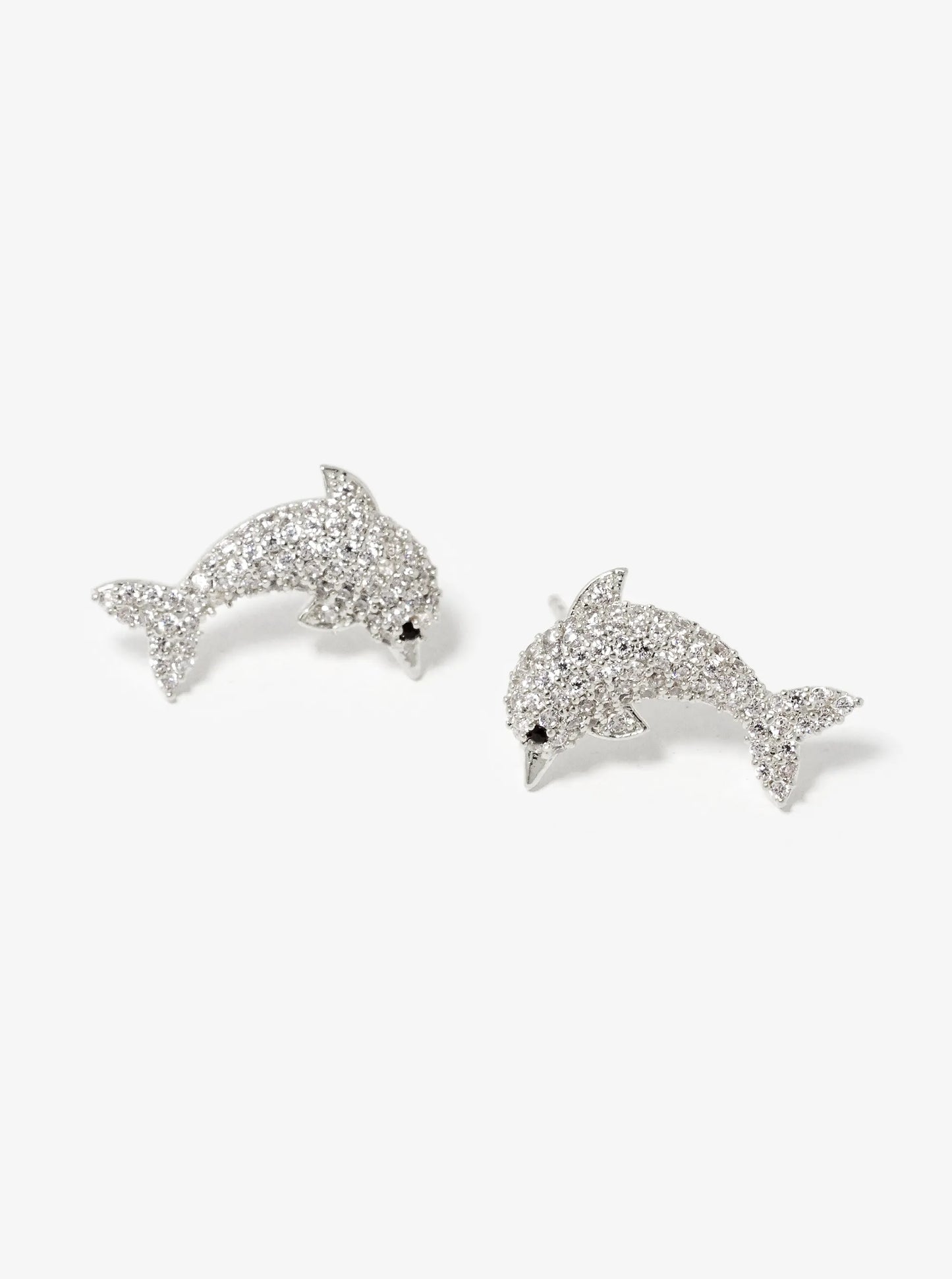 White Gold Dipped CZ Pave Dolphin Stud Earrings