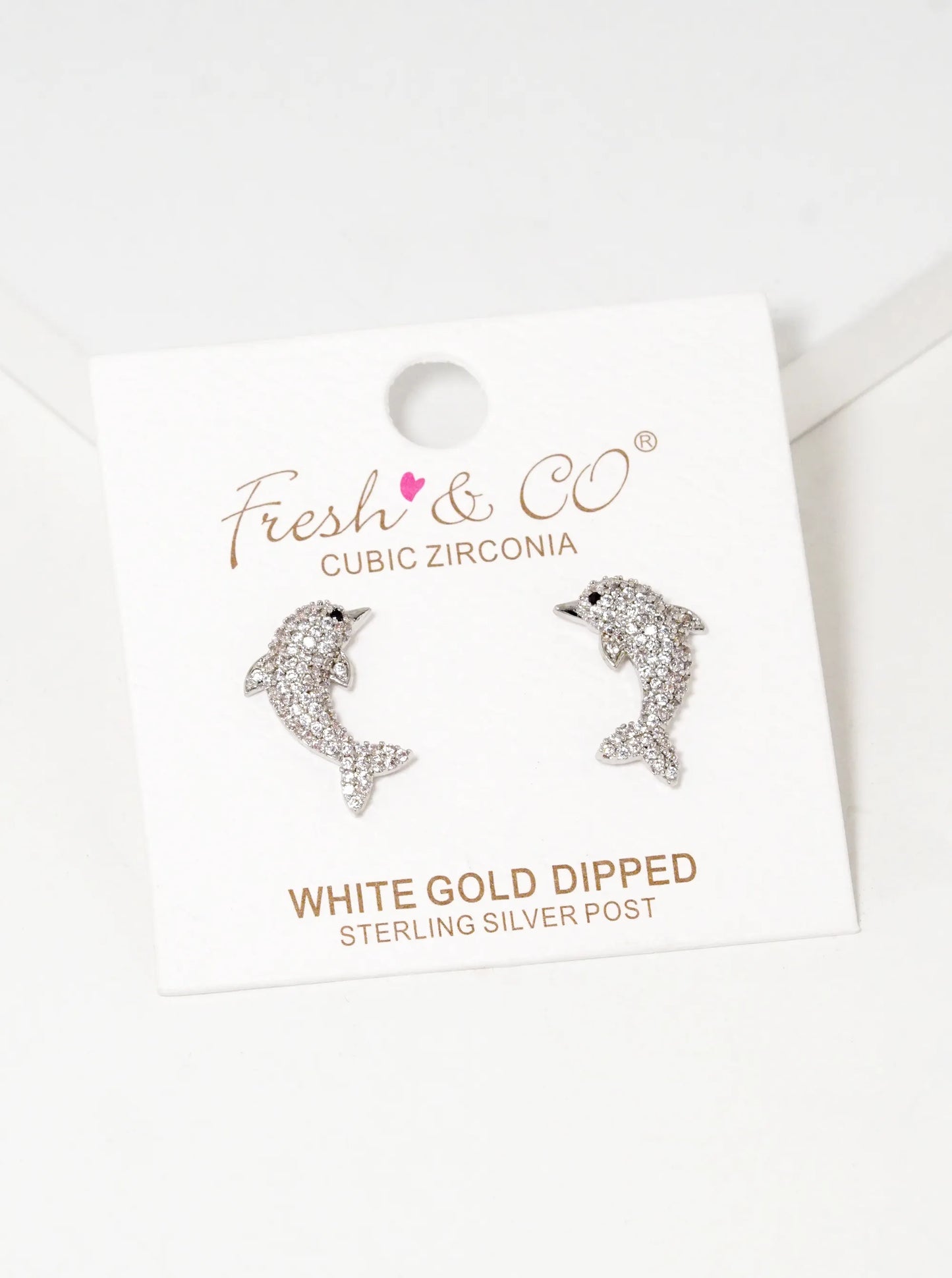 White Gold Dipped CZ Pave Dolphin Stud Earrings