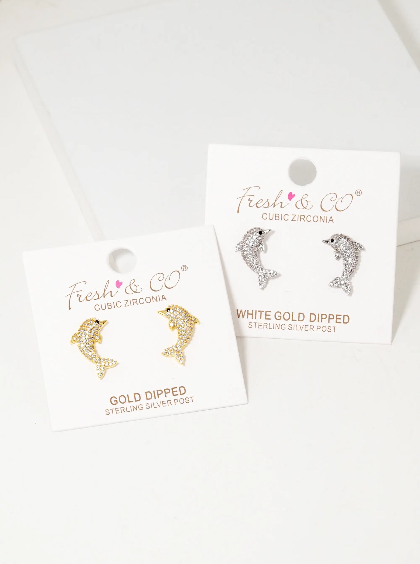 White Gold Dipped CZ Pave Dolphin Stud Earrings