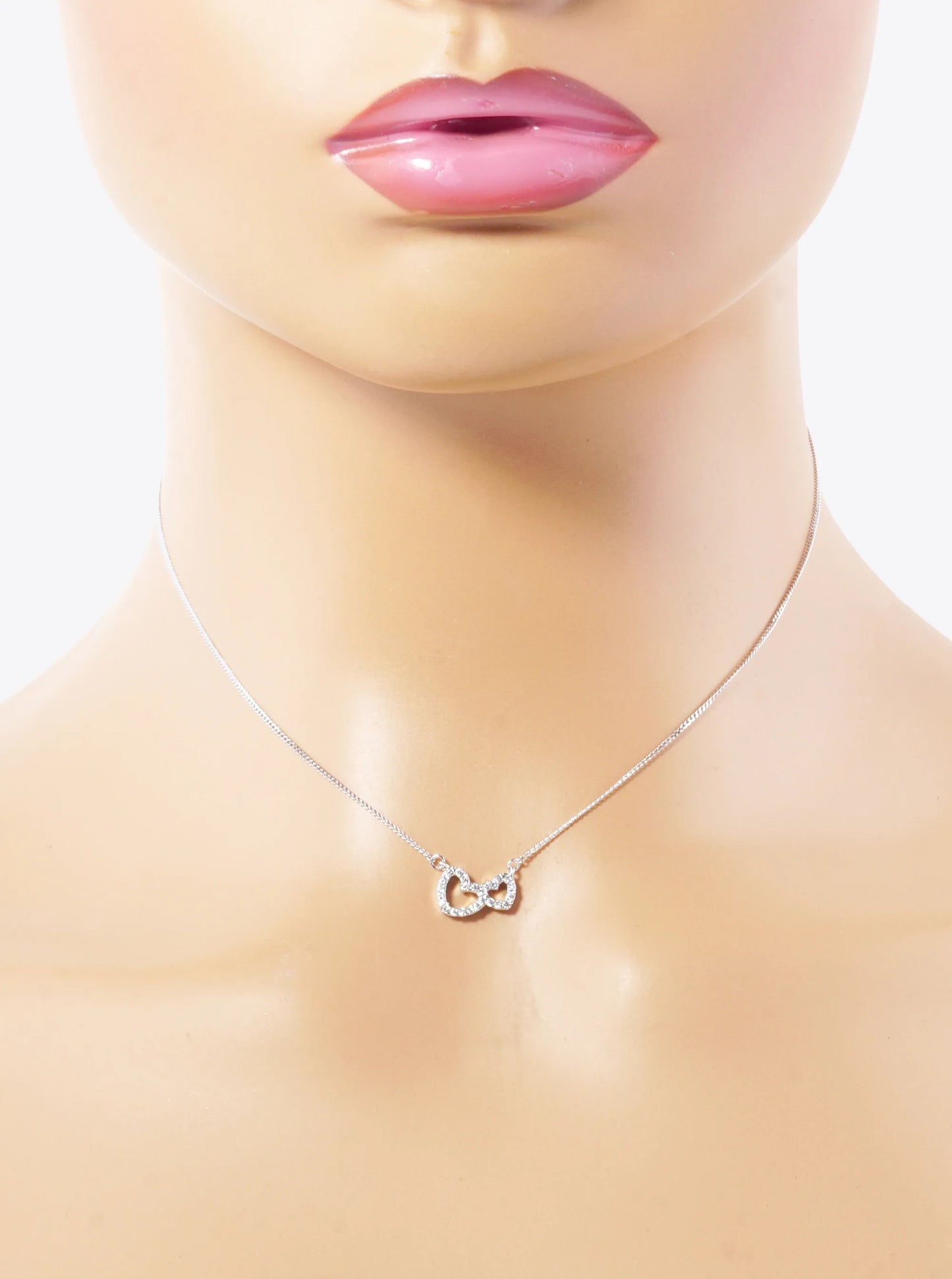 White Gold Dipped CZ Pave Double Heart Pendant Necklace