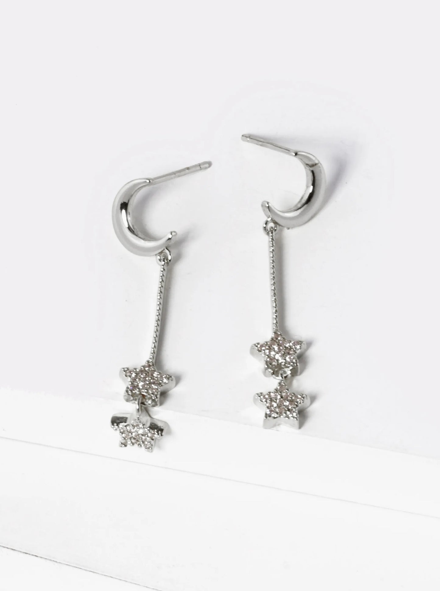 White Gold Dipped CZ Pave Double Star Drop Celestial Earrings