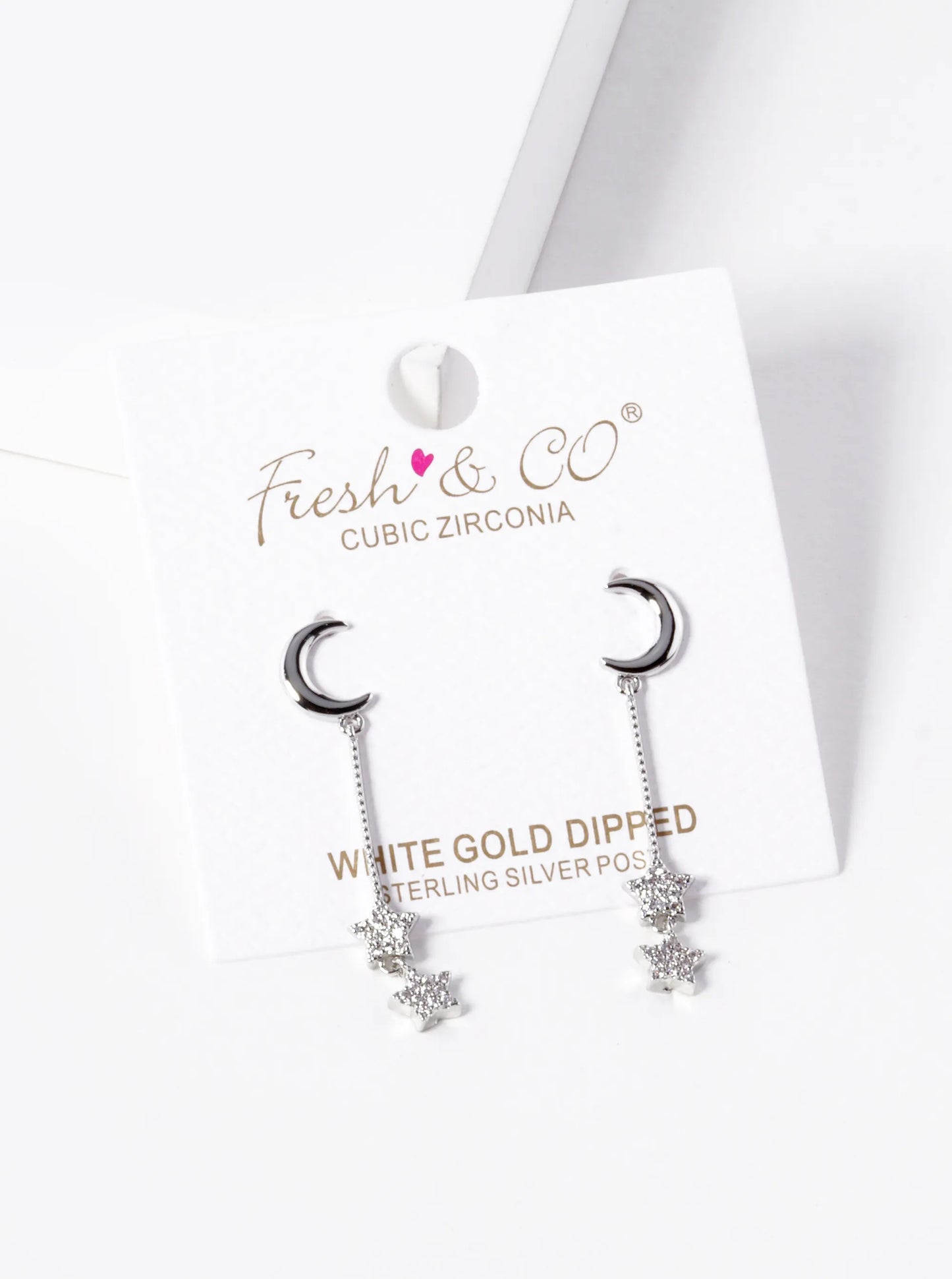 White Gold Dipped CZ Pave Double Star Drop Celestial Earrings