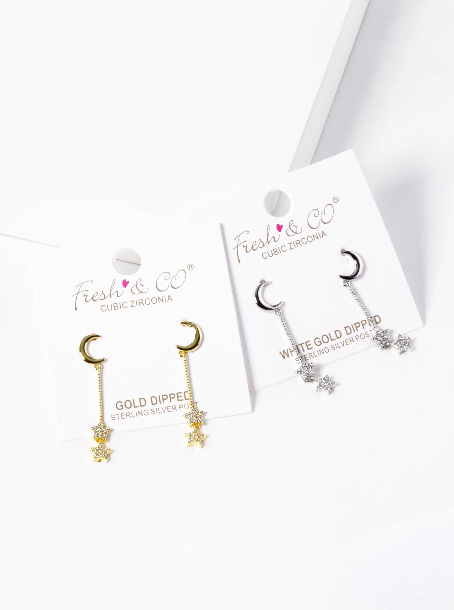 White Gold Dipped CZ Pave Double Star Drop Celestial Earrings