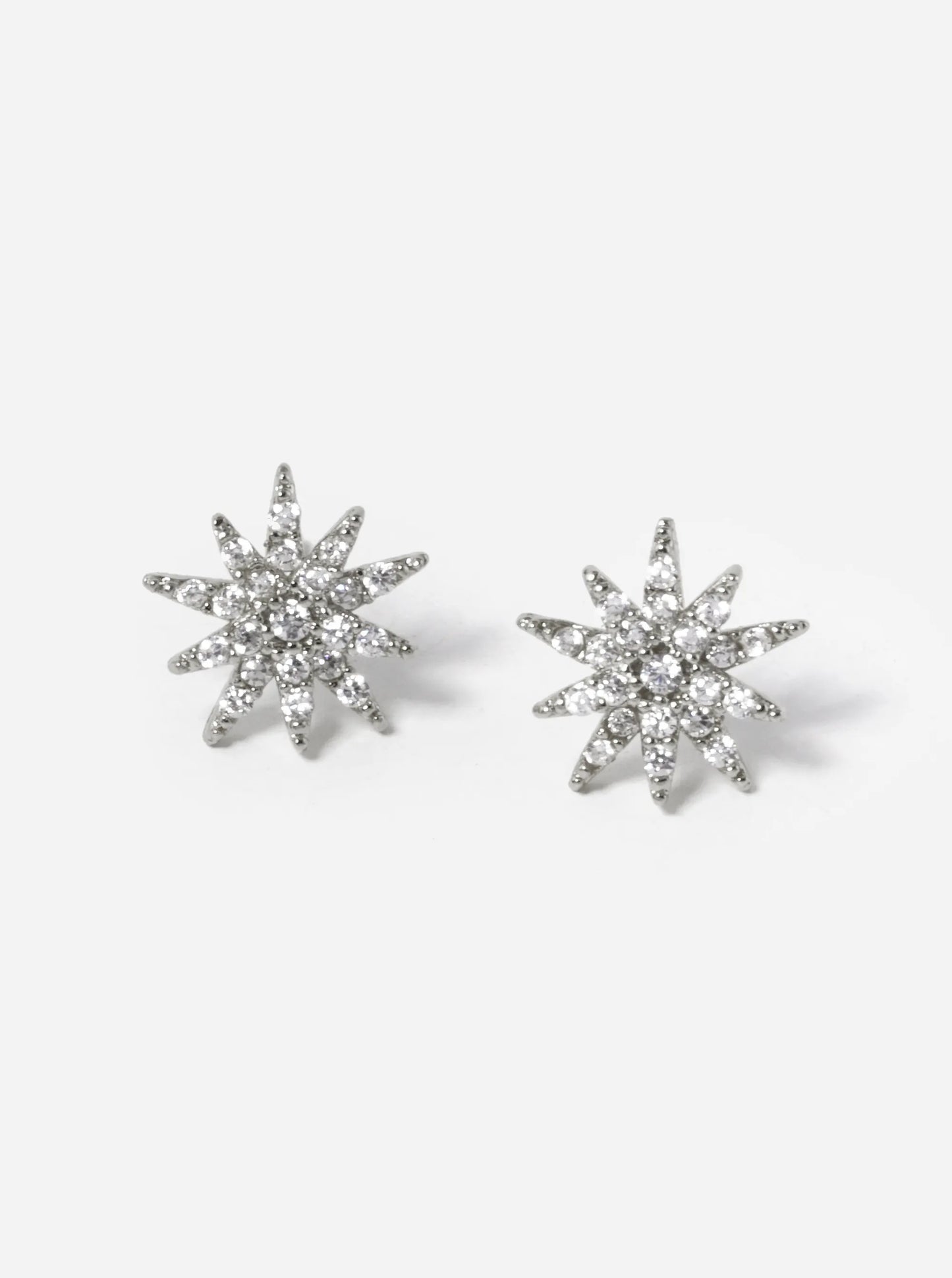 White Gold Dipped CZ Pave Double Star Stud Earrings