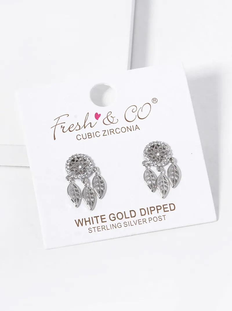 White Gold Dipped CZ Pave Dreamcatcher Stud Earrings