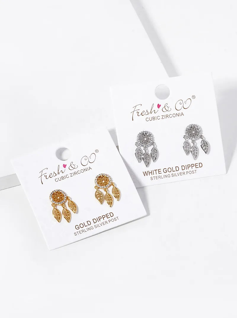 White Gold Dipped CZ Pave Dreamcatcher Stud Earrings