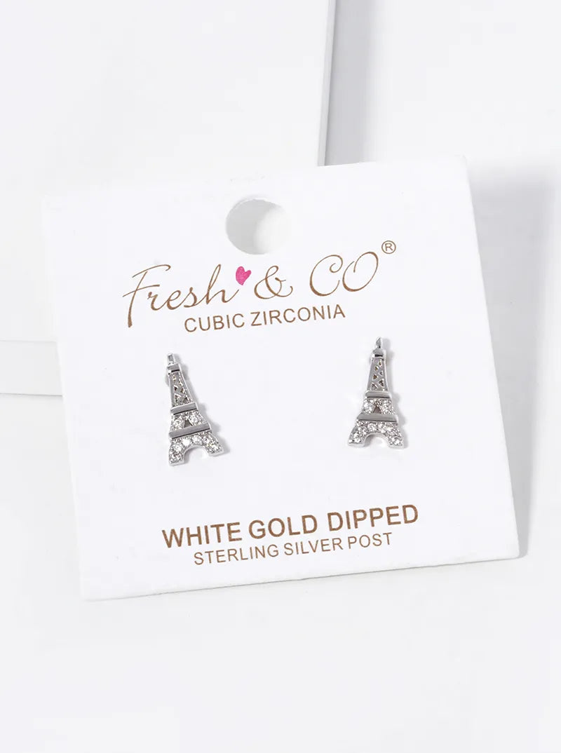 White Gold Dipped CZ Pave Eiffel Tower Stud Earrings
