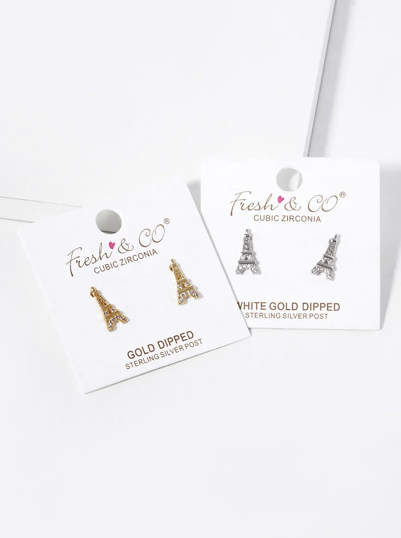 White Gold Dipped CZ Pave Eiffel Tower Stud Earrings
