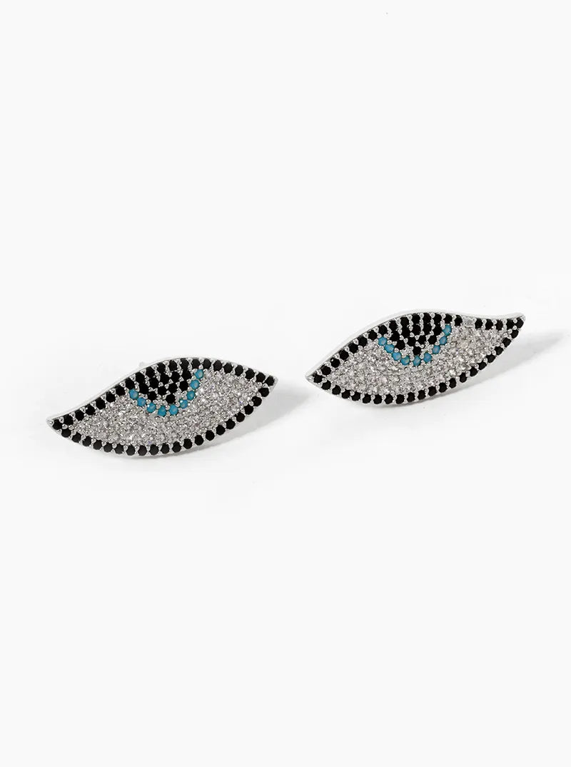 White Gold Dipped CZ Pave Evil Eye Spiritual Stud Earrings