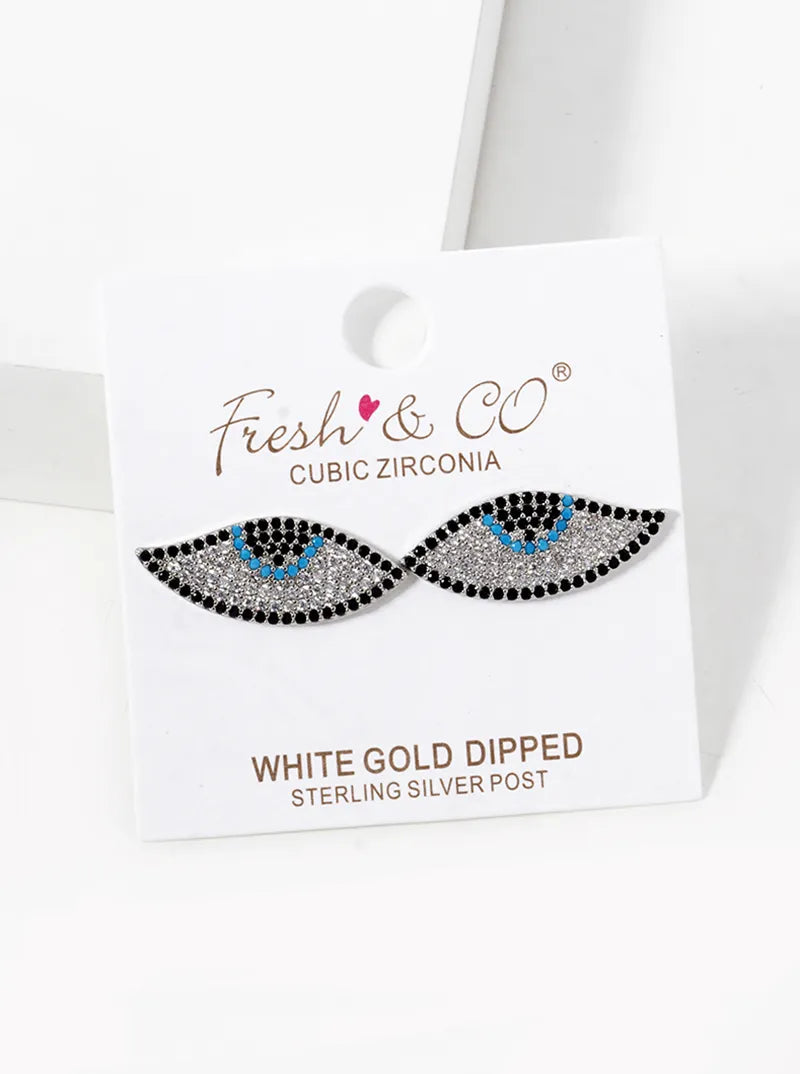 White Gold Dipped CZ Pave Evil Eye Spiritual Stud Earrings