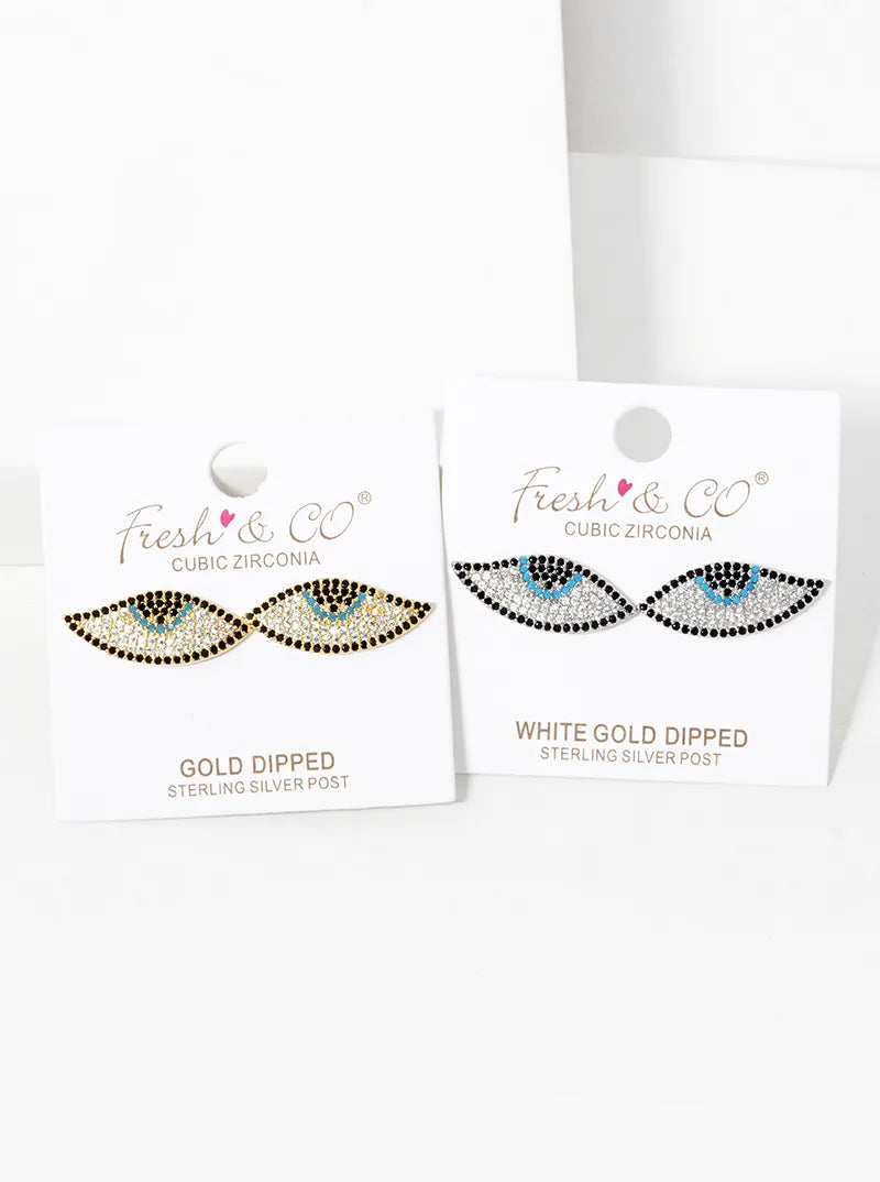 White Gold Dipped CZ Pave Evil Eye Spiritual Stud Earrings