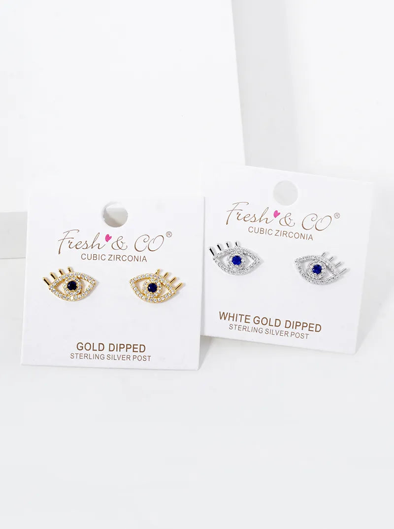 White Gold Dipped CZ Pave Evil Eye Stud Earrings
