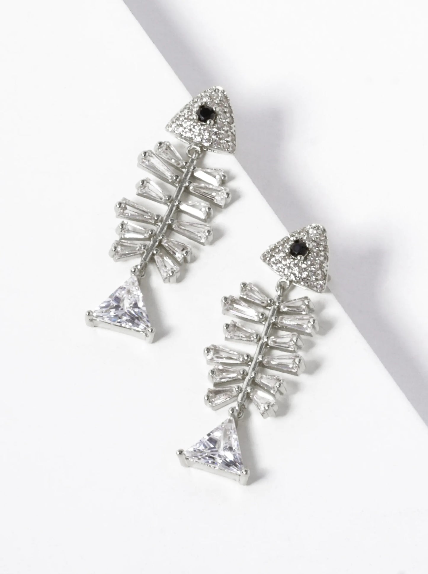 White Gold Dipped CZ Pave Fishbone Earrings
