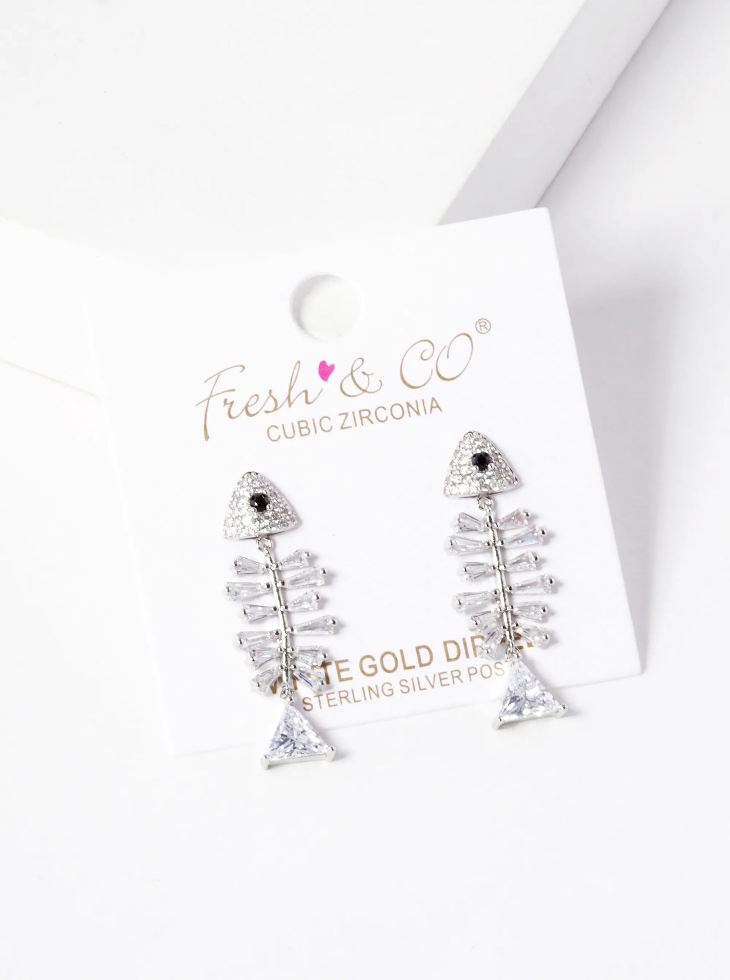White Gold Dipped CZ Pave Fishbone Earrings