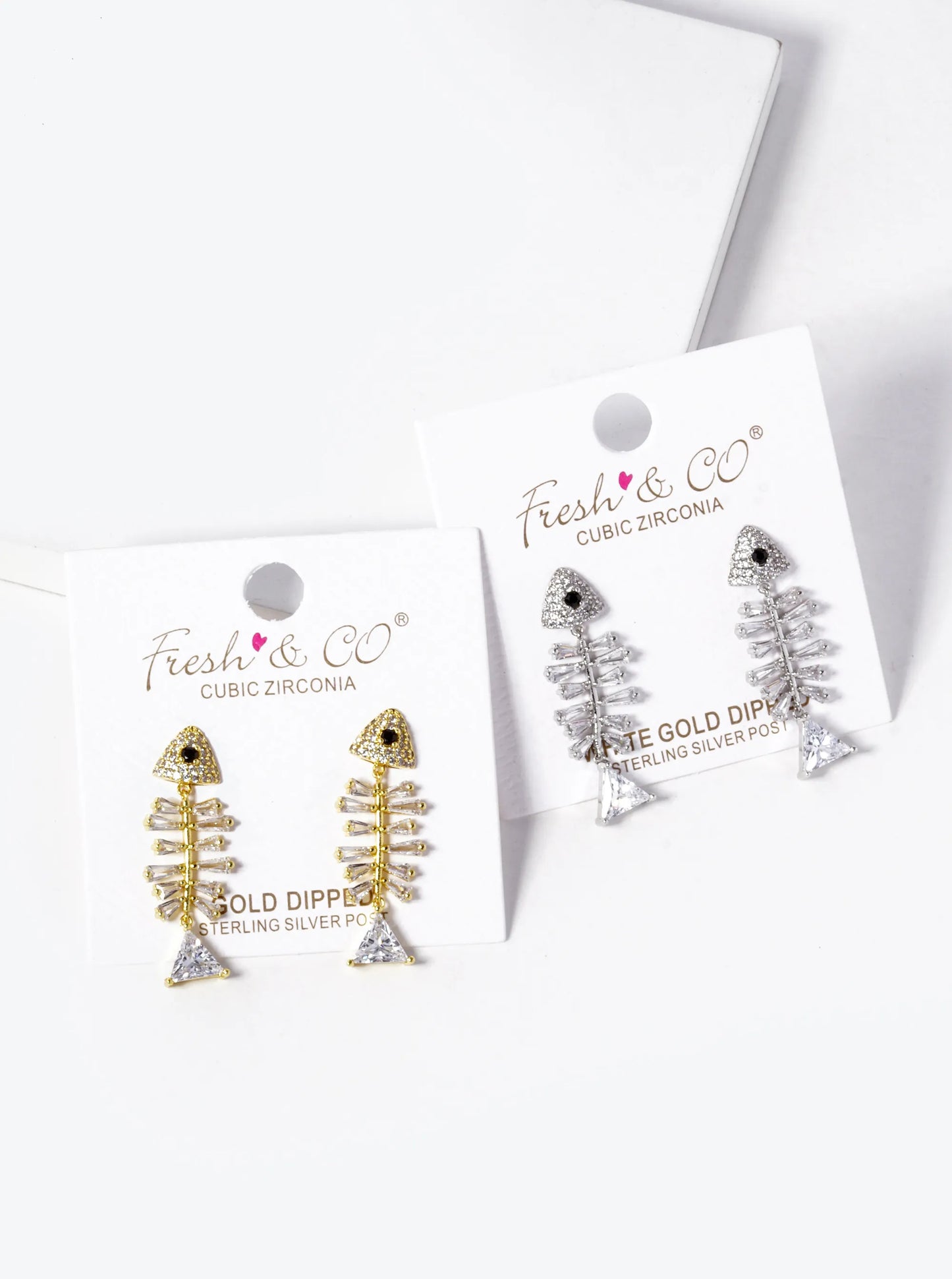 White Gold Dipped CZ Pave Fishbone Earrings