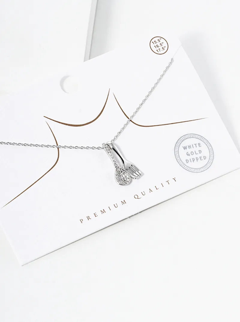 White Gold Dipped CZ Pave Fork And Spoon Pendant Necklace