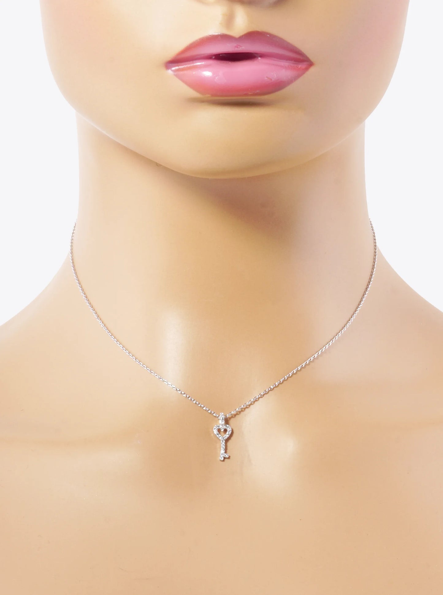 White Gold Dipped CZ Pave Heart Key Pendant Necklace
