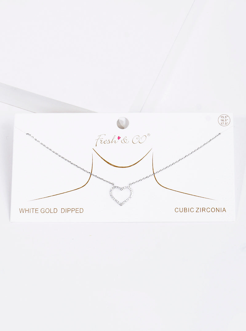 White Gold Dipped CZ Pave Heart Pendant Necklace