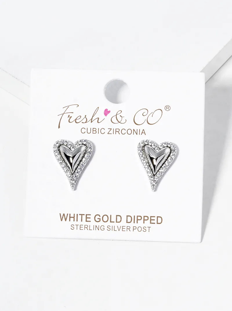 White Gold Dipped CZ Pave Heart Post Stud Earrings