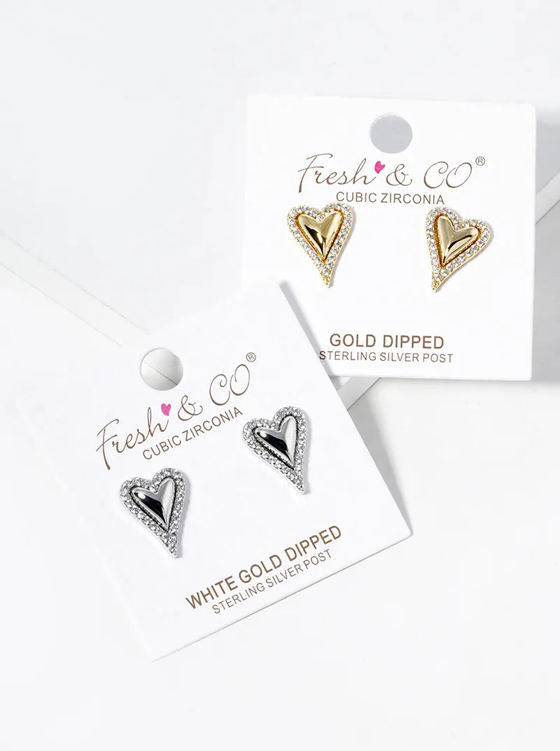 White Gold Dipped CZ Pave Heart Post Stud Earrings