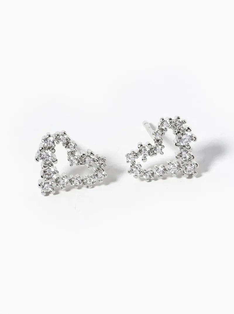 White Gold Dipped CZ Pave Heart Post Stud Earrings