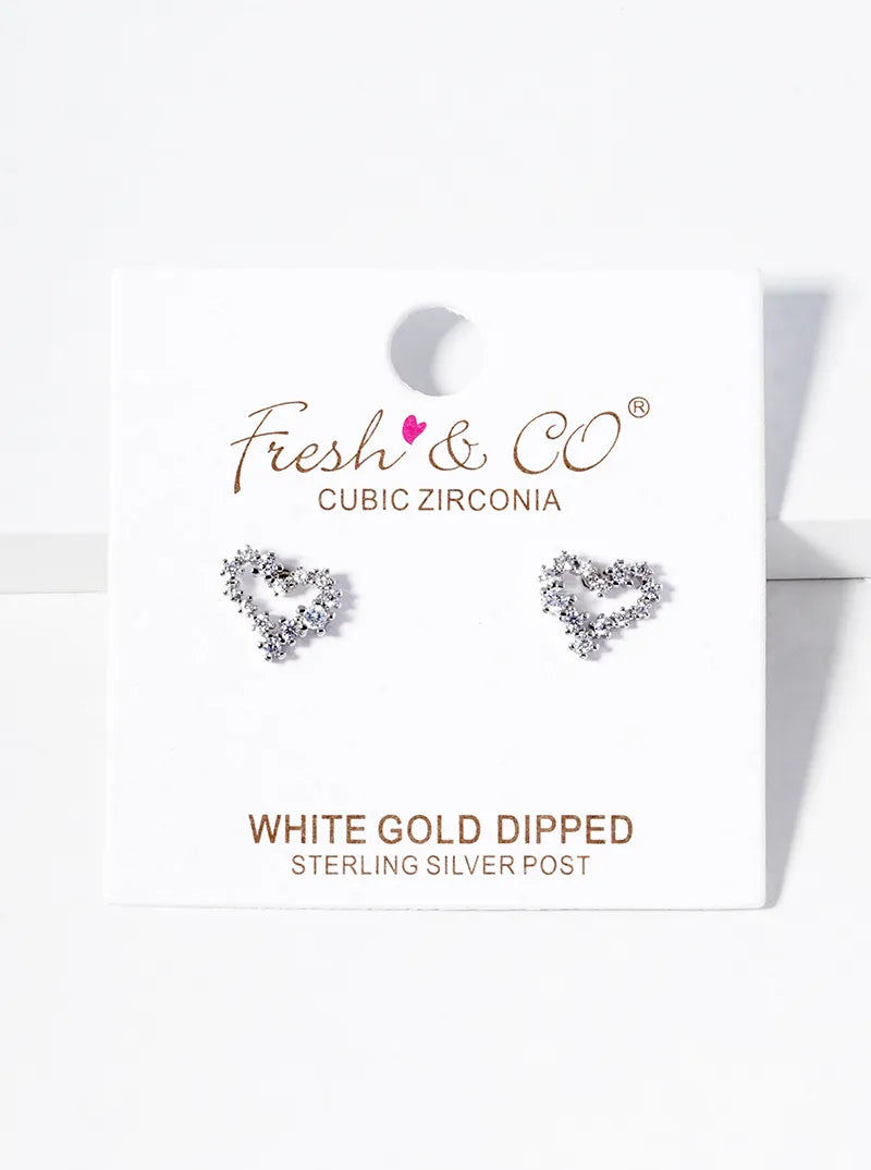 White Gold Dipped CZ Pave Heart Post Stud Earrings