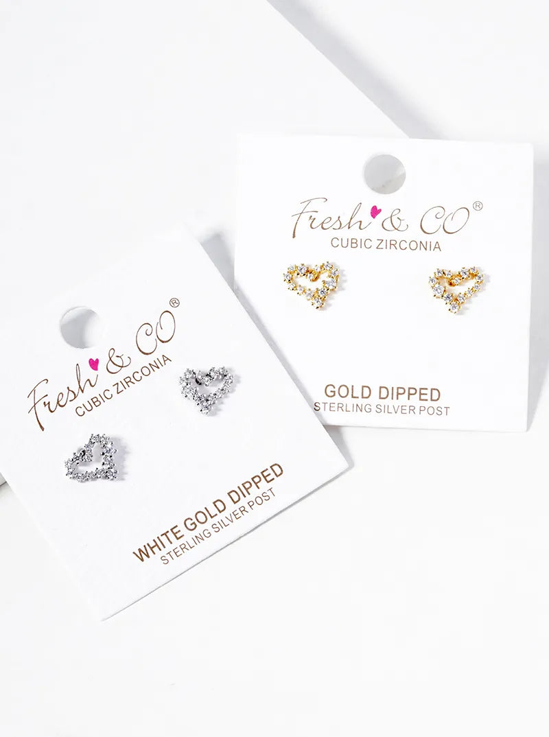 White Gold Dipped CZ Pave Heart Post Stud Earrings
