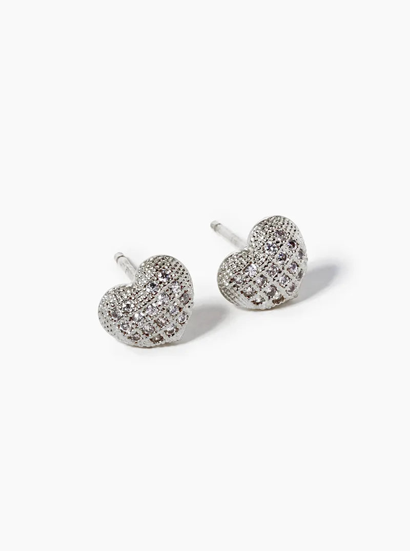 White Gold Dipped CZ Pave Heart Post Stud Earrings