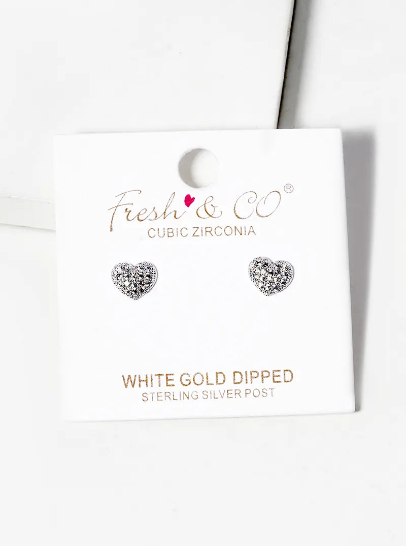 White Gold Dipped CZ Pave Heart Post Stud Earrings