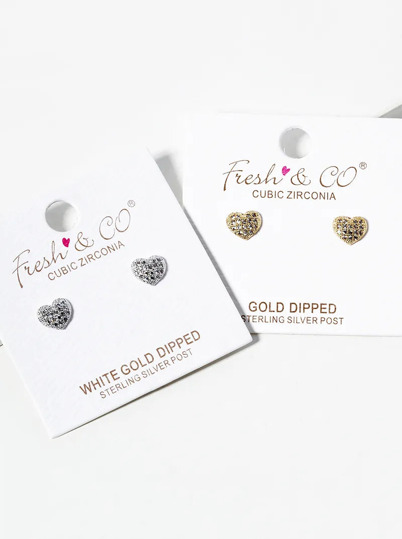 White Gold Dipped CZ Pave Heart Post Stud Earrings