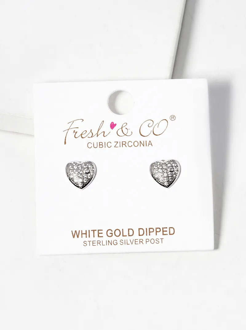 White Gold Dipped CZ Pave Heart Post Stud Earrings