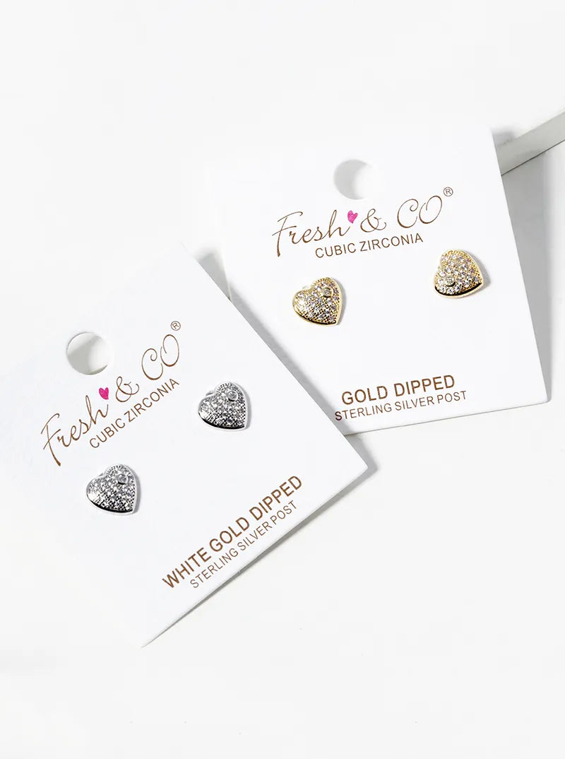 White Gold Dipped CZ Pave Heart Post Stud Earrings