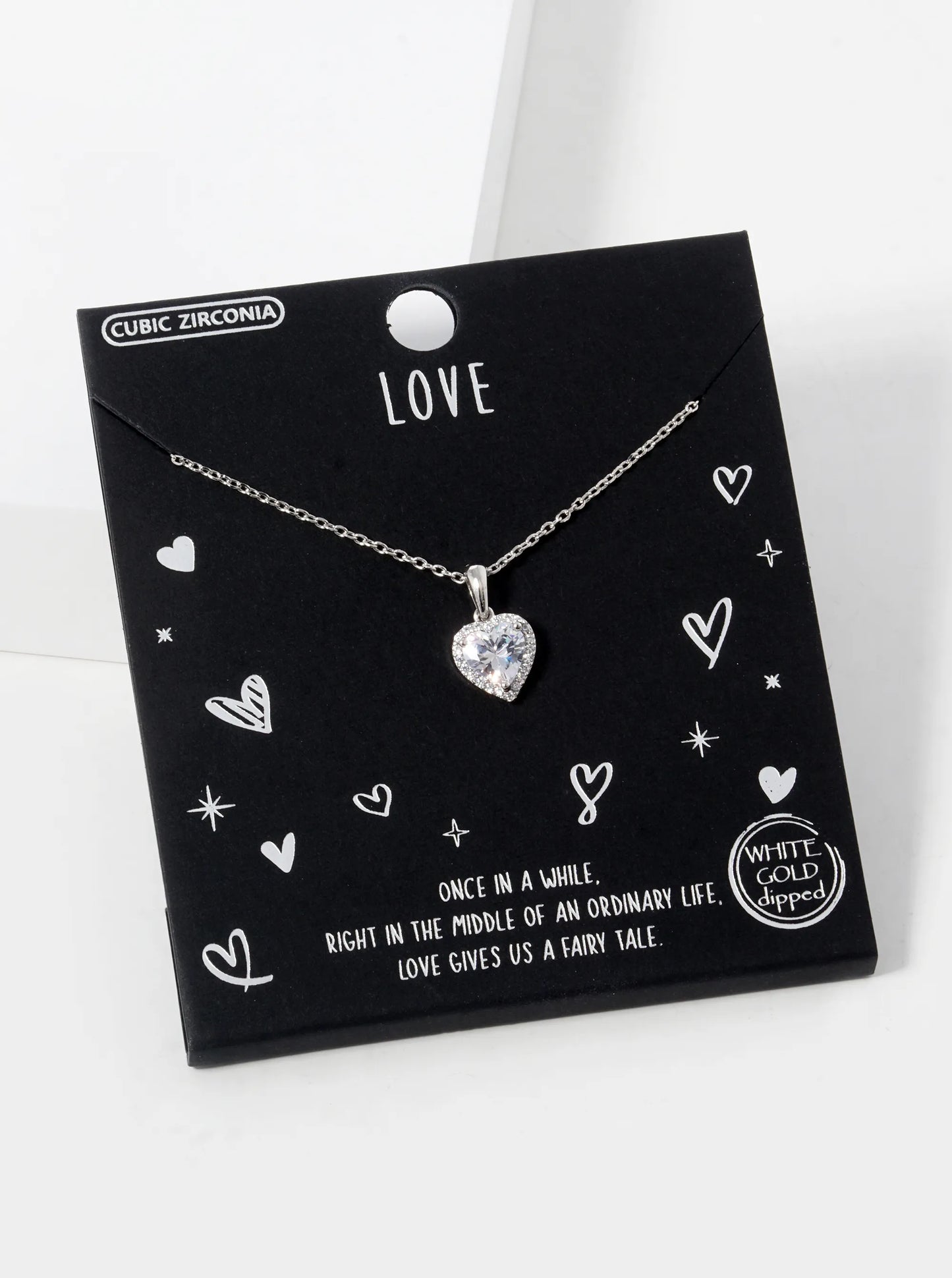 White Gold Dipped CZ Pave Heart Stone Pendant Necklace