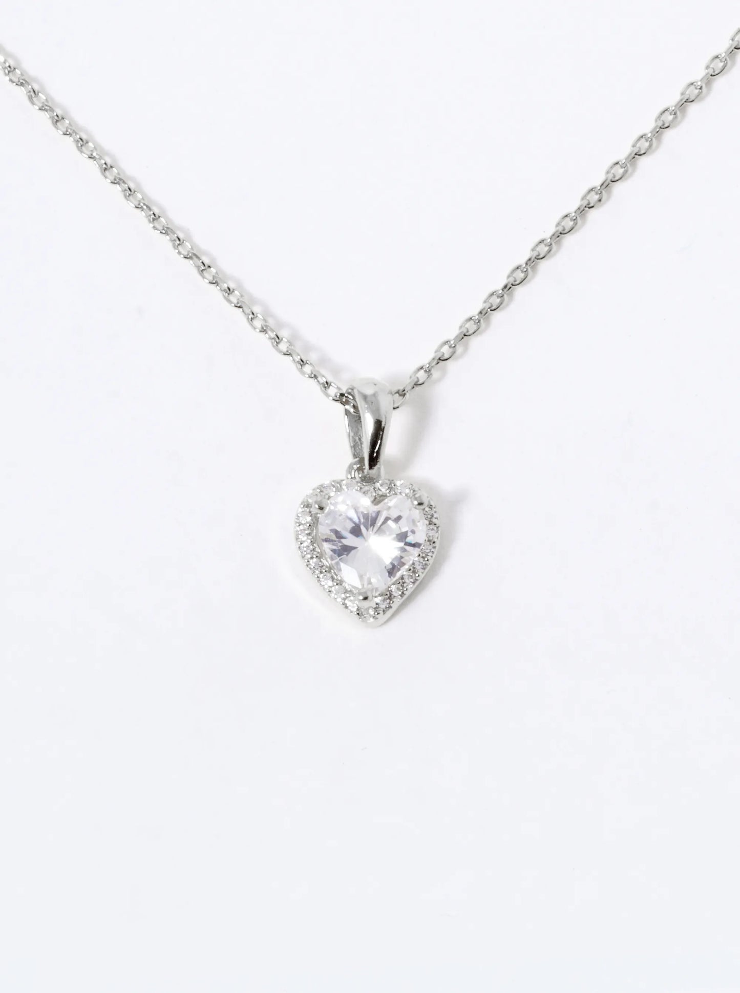 White Gold Dipped CZ Pave Heart Stone Pendant Necklace