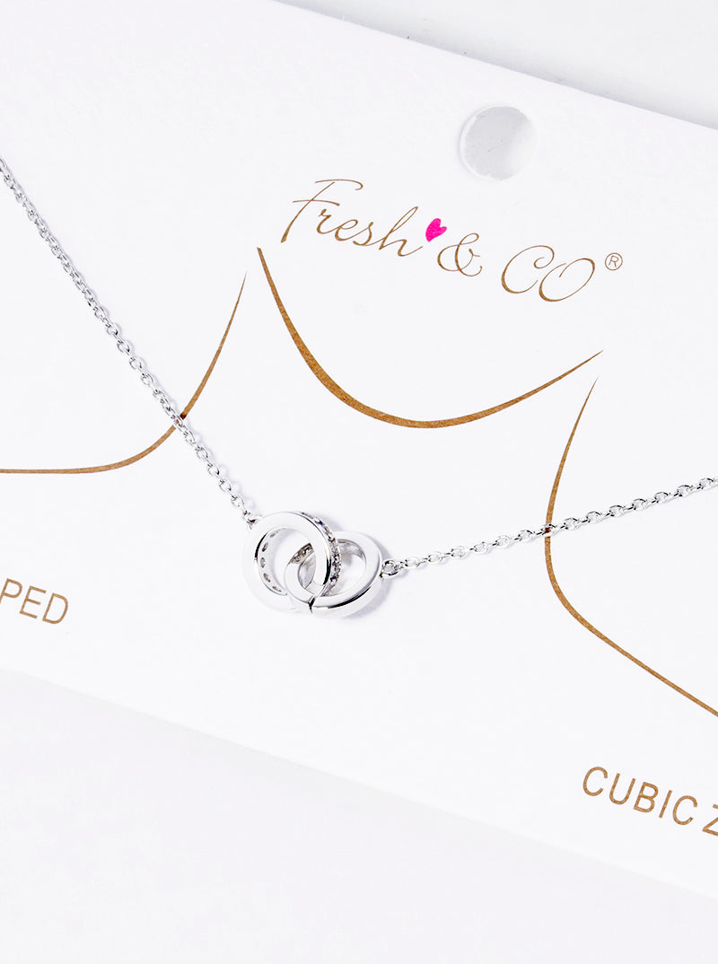 White Gold Dipped CZ Pave Interlocking Circle Pendant Necklace