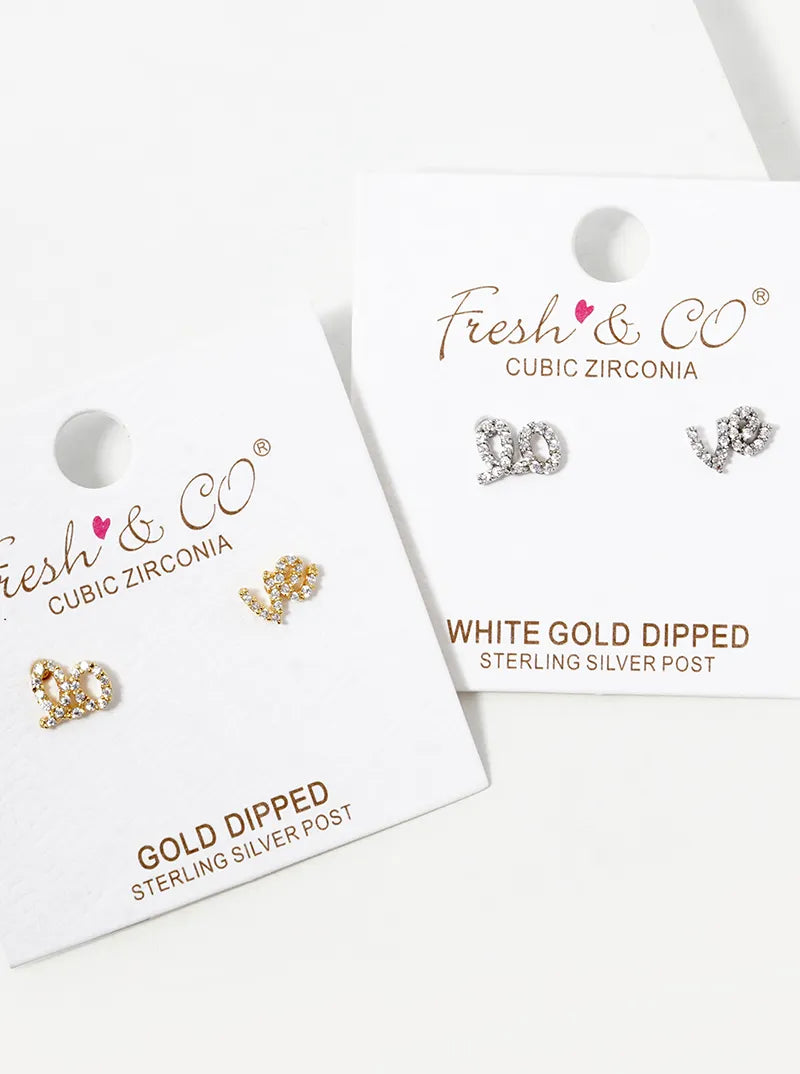 White Gold Dipped CZ Pave Italic Love Stud Earrings