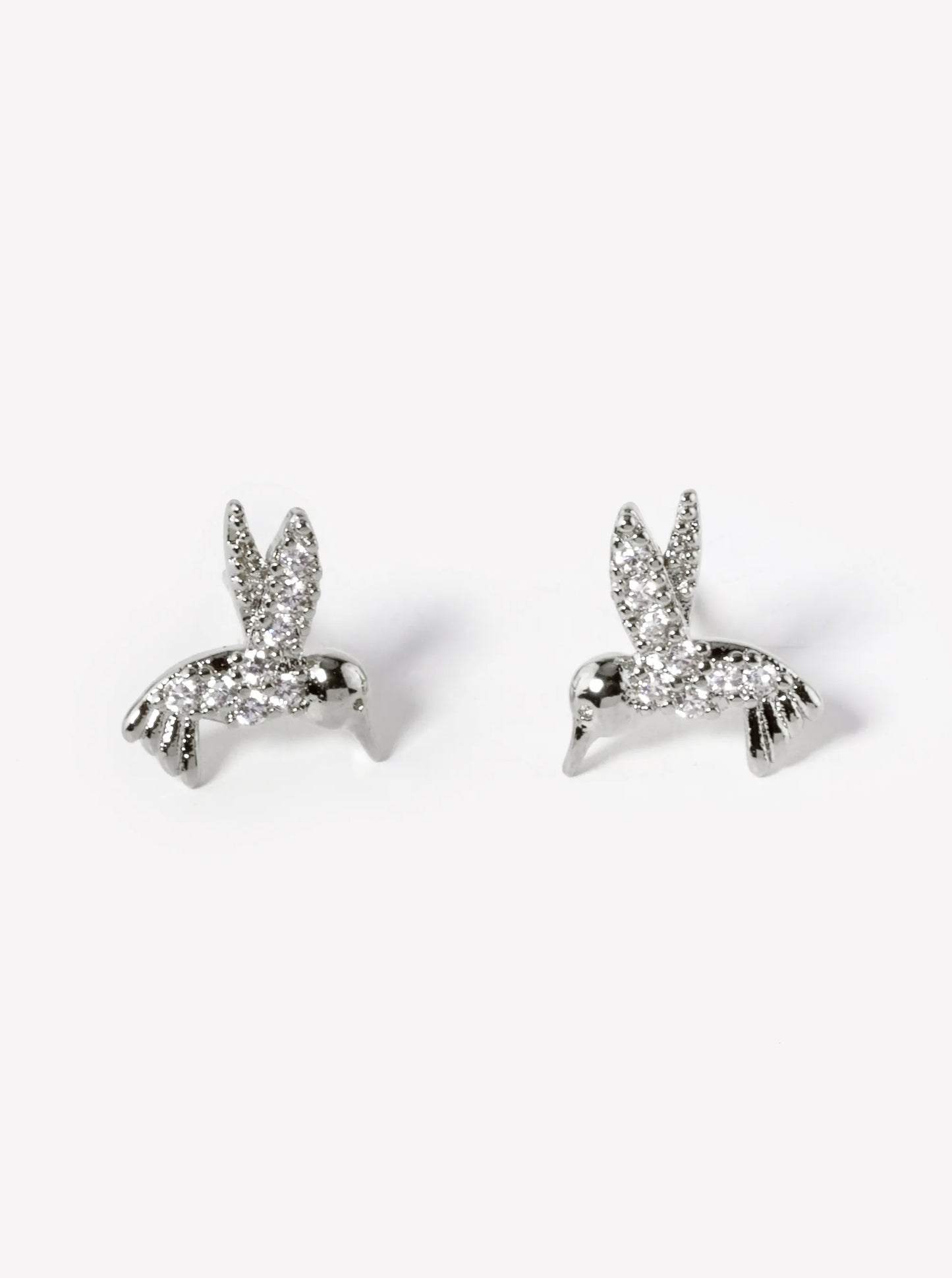 White Gold Dipped CZ Pave Kingfisher Bird Stud Earrings