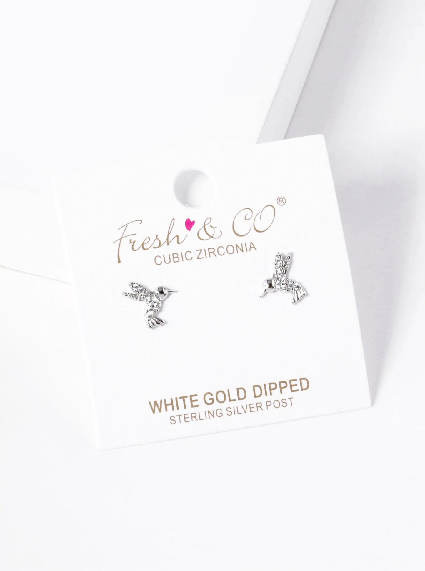 White Gold Dipped CZ Pave Kingfisher Bird Stud Earrings