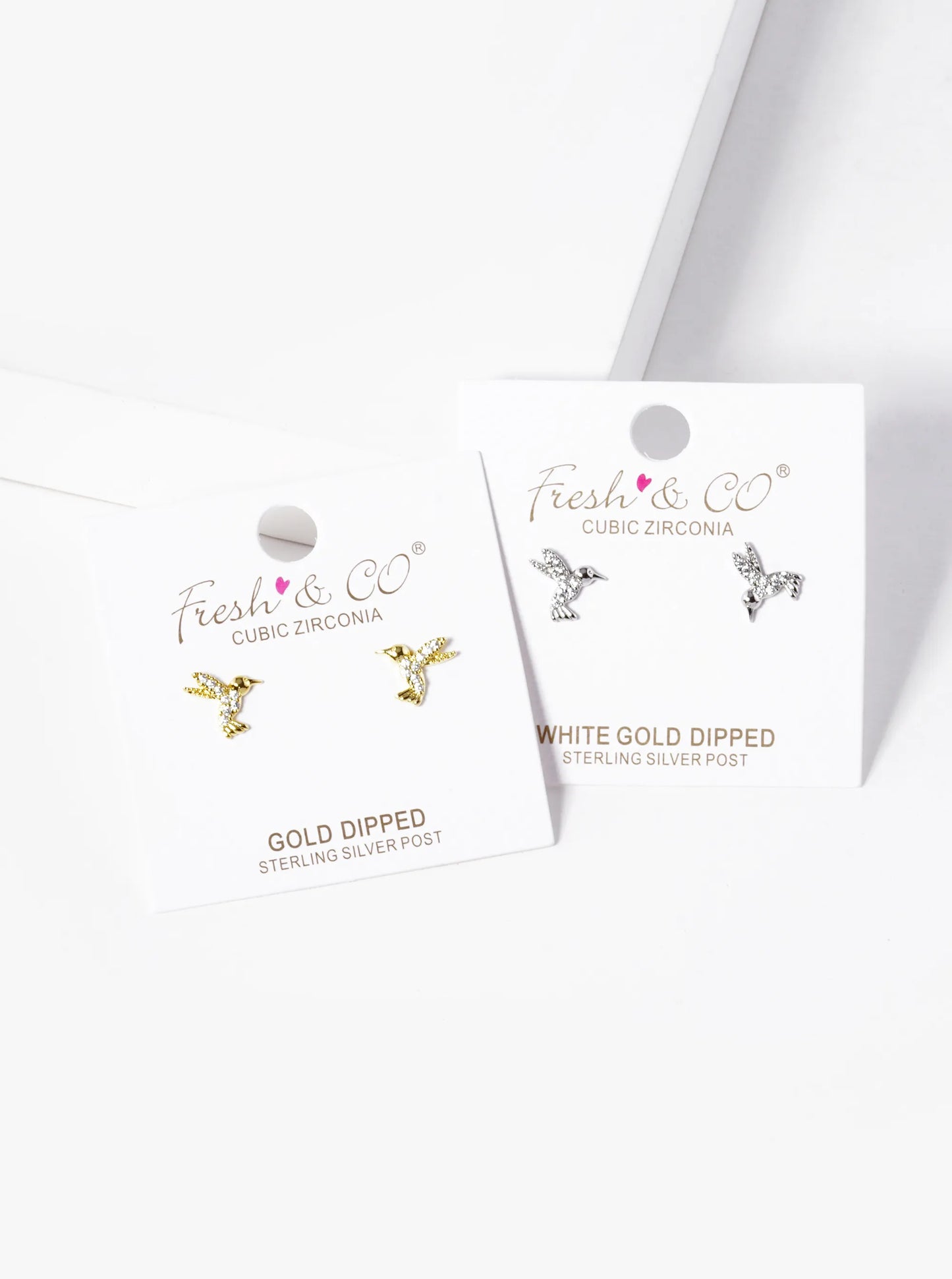 White Gold Dipped CZ Pave Kingfisher Bird Stud Earrings