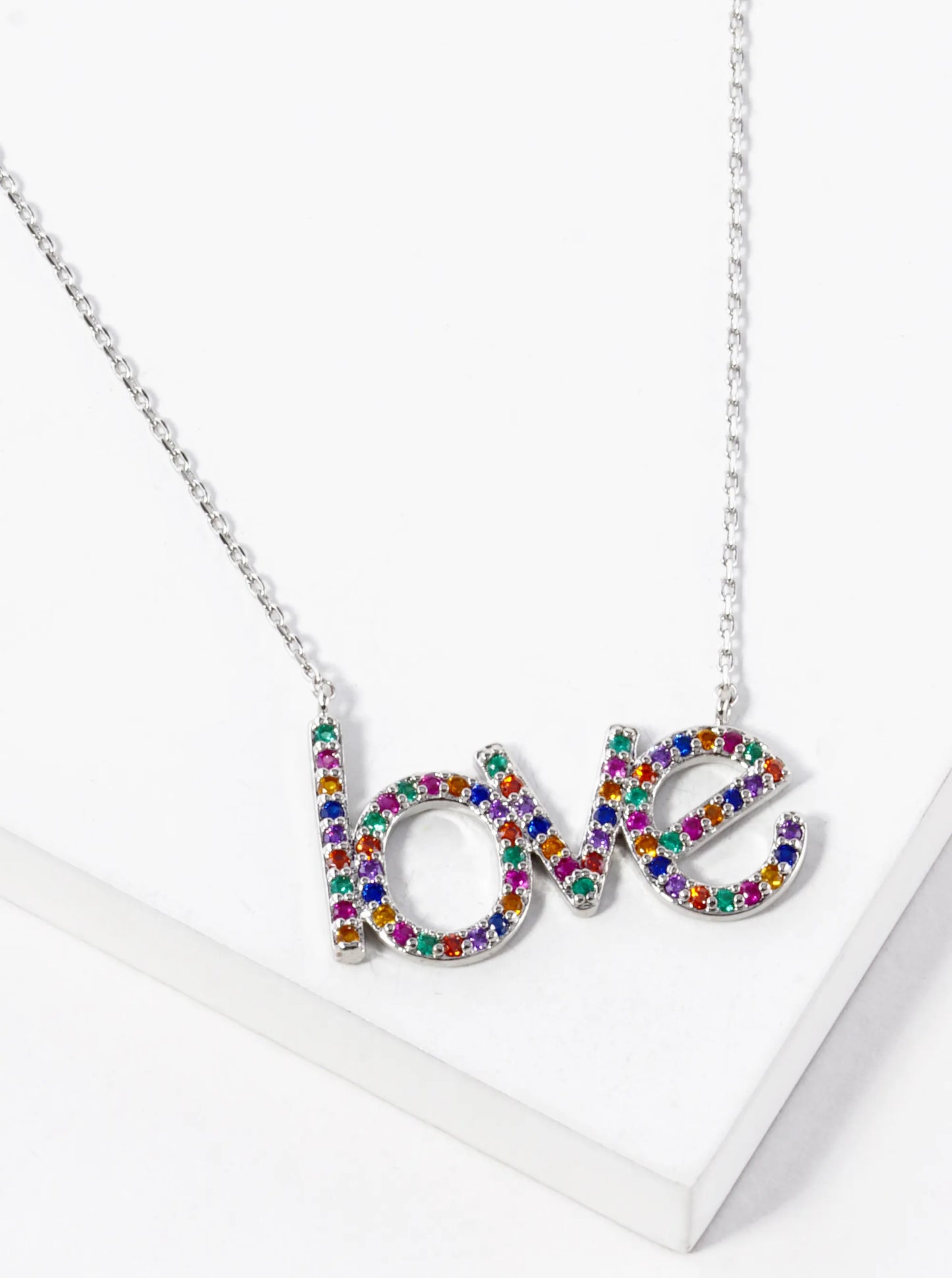 White Gold Dipped CZ Pave Love Word Pendant Necklace