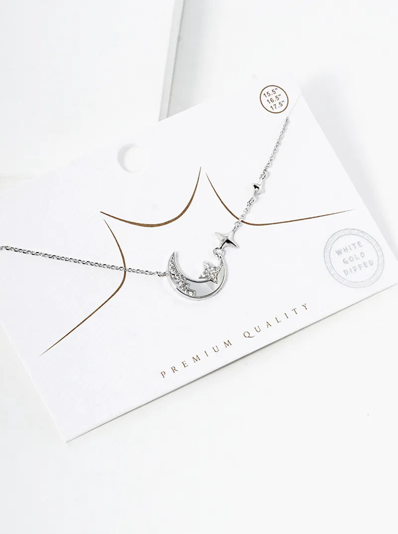 White Gold Dipped CZ Pave MOP Crescent Moon Pendant Necklace