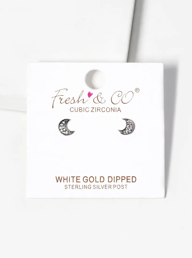 White Gold Dipped CZ Pave Moon Post Stud Earrings
