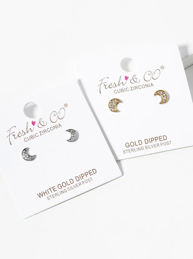 White Gold Dipped CZ Pave Moon Post Stud Earrings