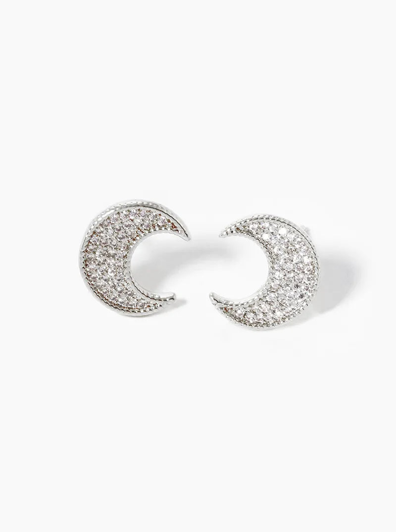 White Gold Dipped CZ Pave Moon Post Stud Earrings