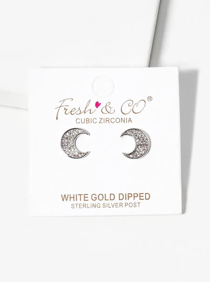 White Gold Dipped CZ Pave Moon Post Stud Earrings