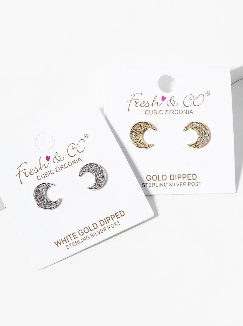 White Gold Dipped CZ Pave Moon Post Stud Earrings